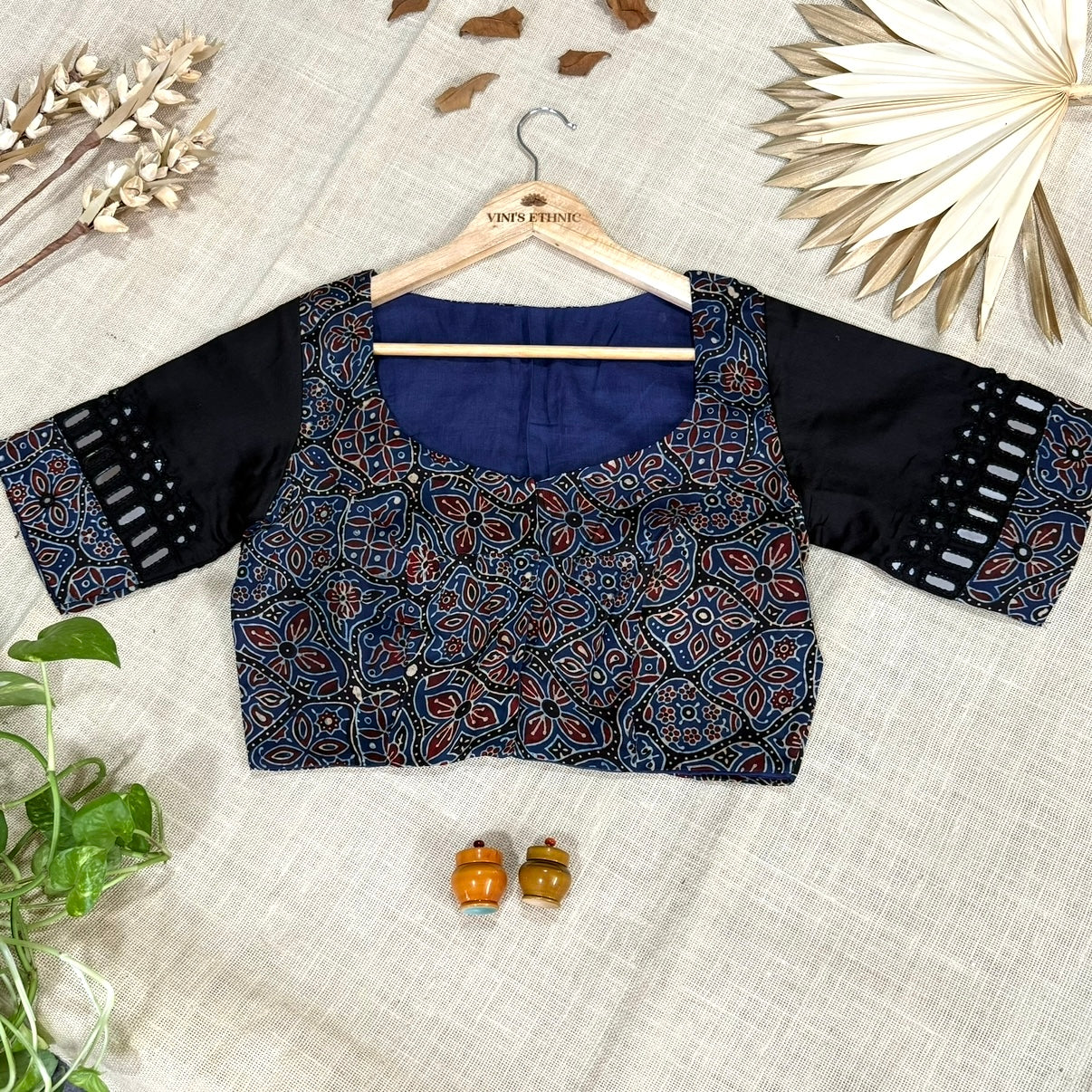 Indigo Ajrakh Modal Mirror Embroidery Blouse