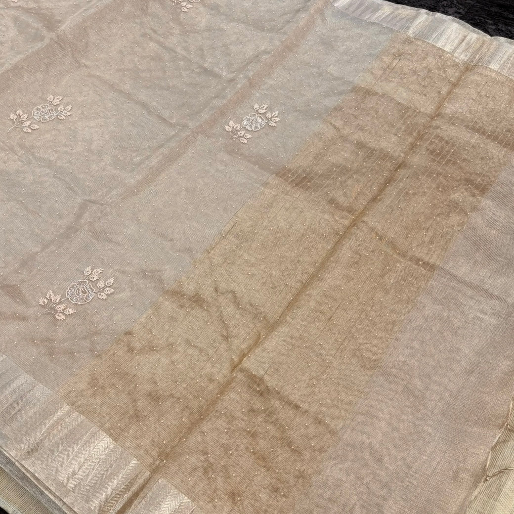 Beige Pearl Tissue Silk Saree