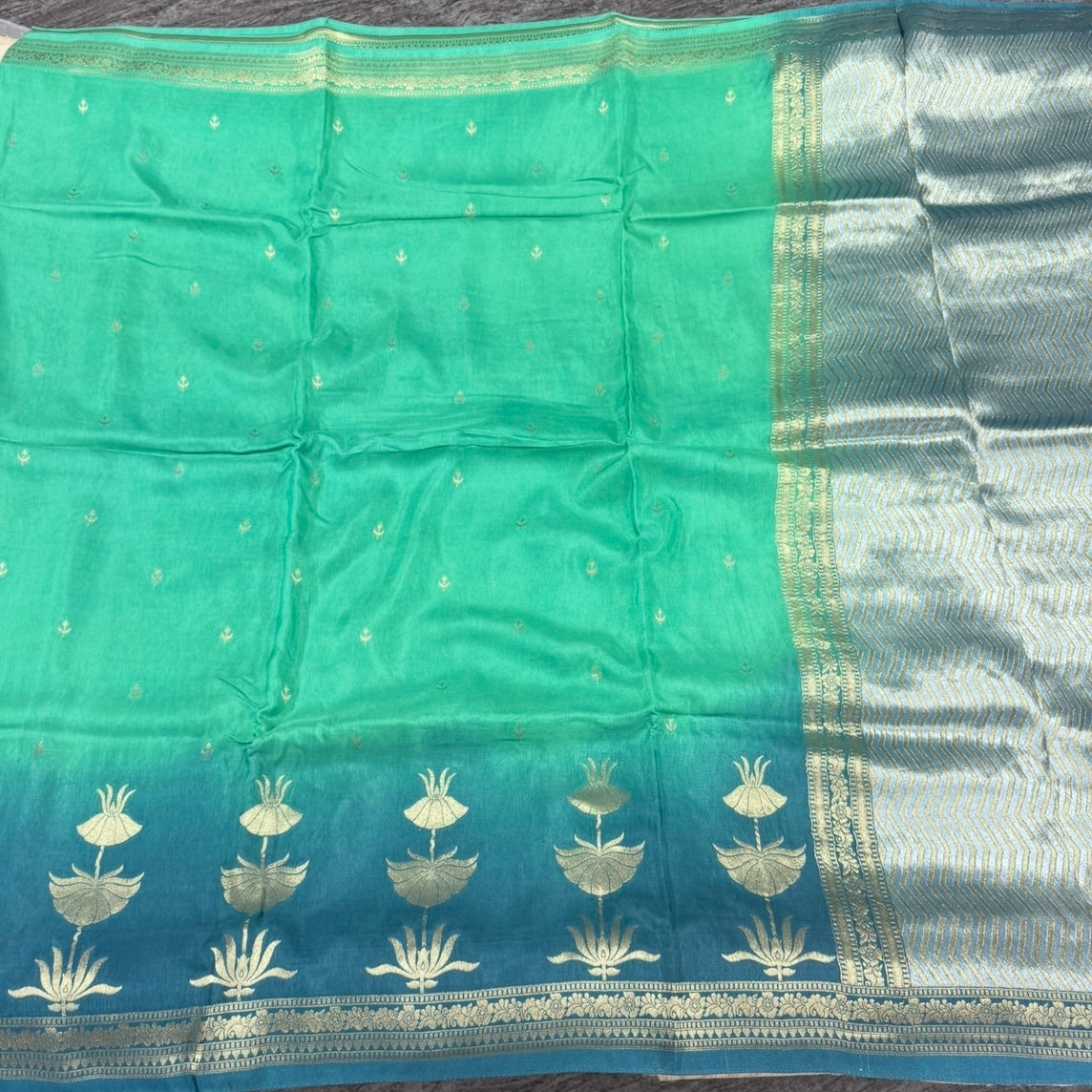 Green with Blue Pure Crepe Silk Saree