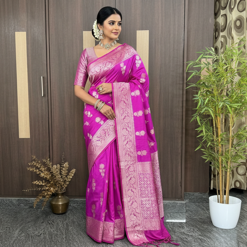 Magenta Banarasi Russian Silk Saree