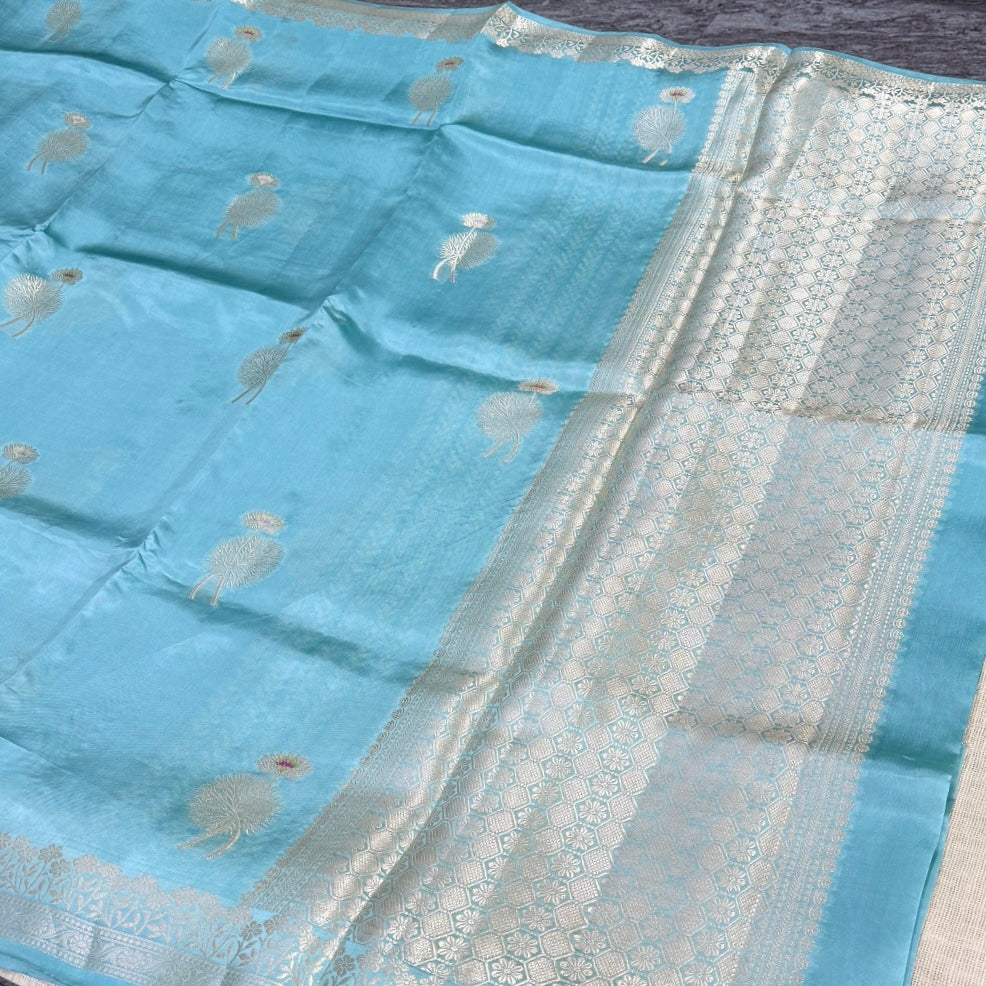 Pastel Blue Lotus Kora Silk Saree - Vini’s Ethnic