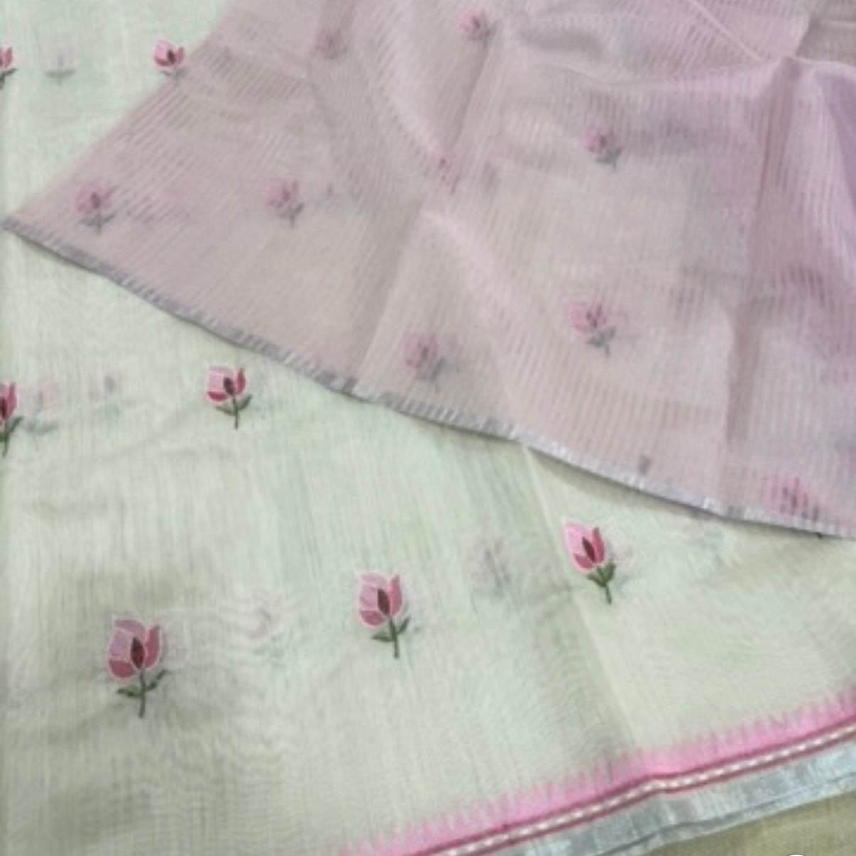 Off white Pink Floral Tissue Embroidery silver Fancy Tussar Saree