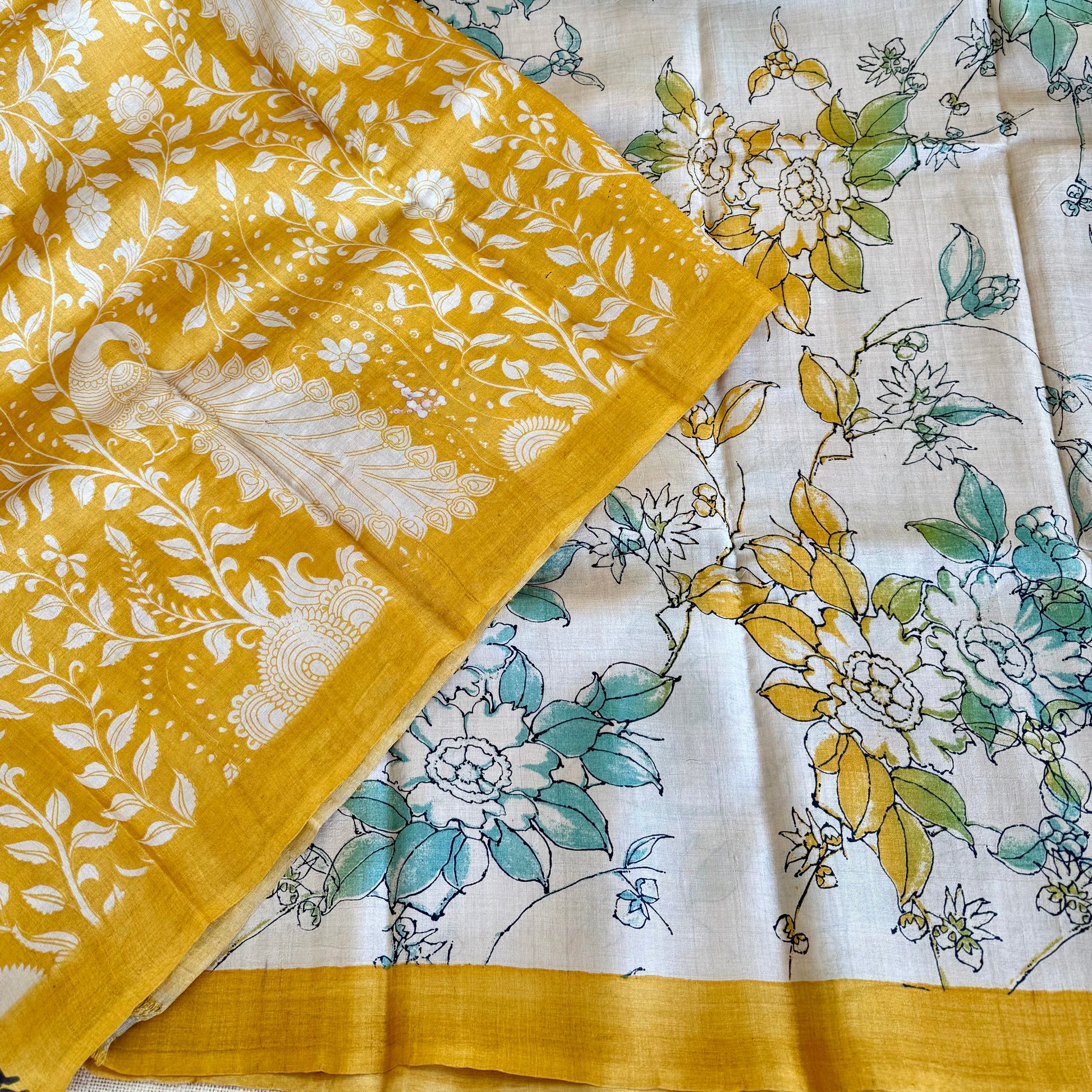 Beige Yellow Pure Tussar Silk Saree