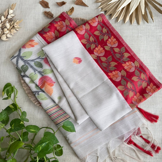 Off-white Red Matka Jhamdhani Silk Saree