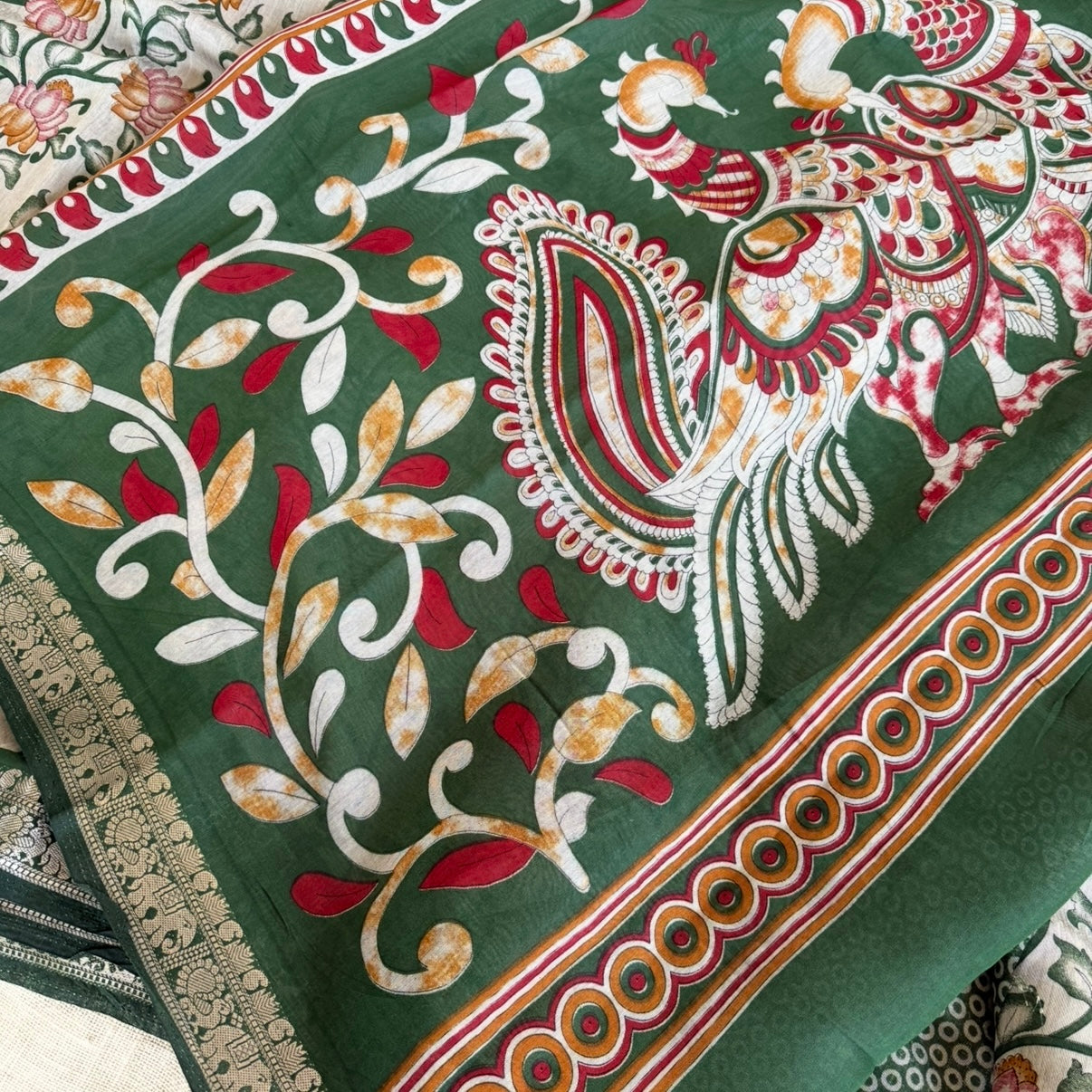 Dark Green Kalamkari Fancy Cotton Saree