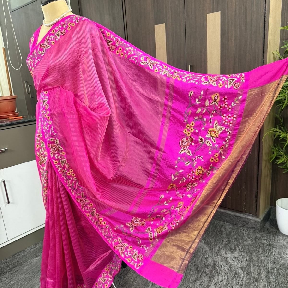 Pink Pure Tissue Embroidery Silk Saree
