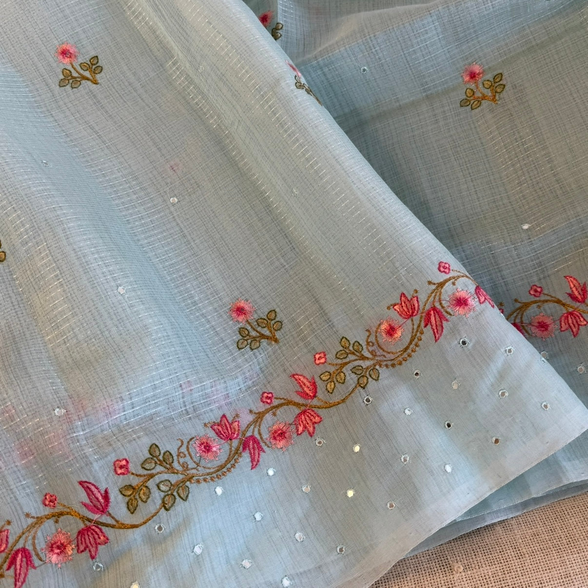 Baby Blue Pink Floral Embroidery Linen Mirror Saree