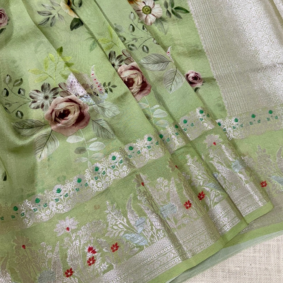 Mint Sage Floral Digital Raw Mango Silk Saree