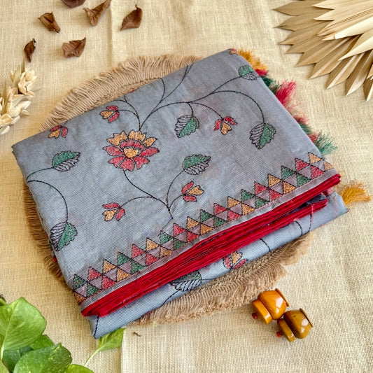 Grey Kota Floral Embroidery Saree