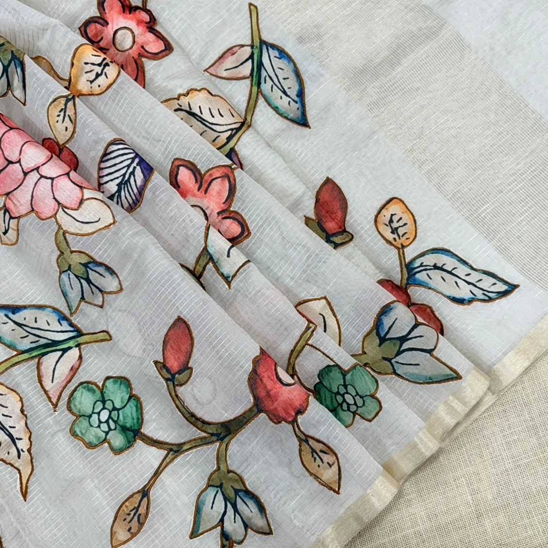 Off White Floral Appliqué Chanderi Silk Saree