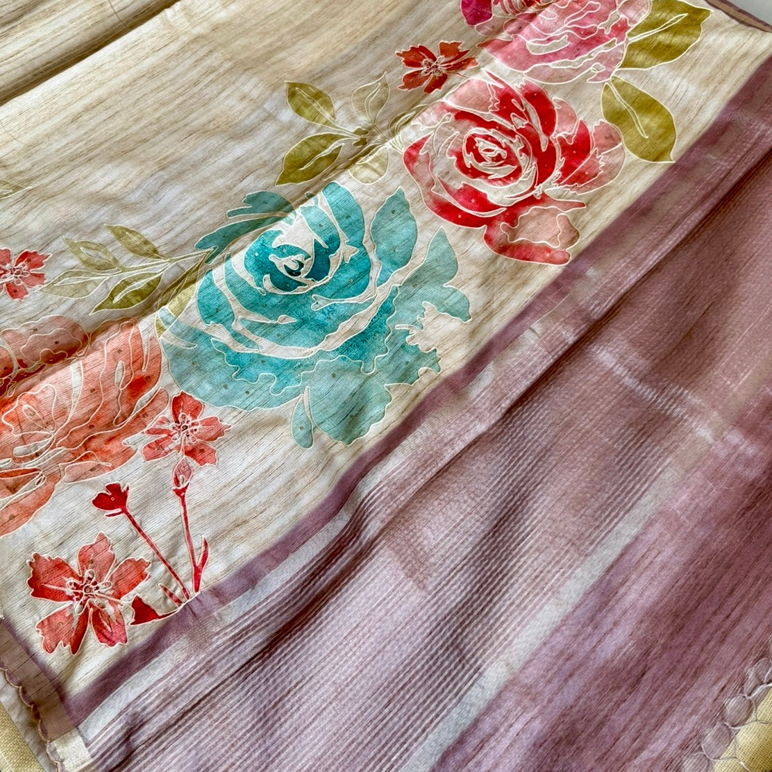 Mauve Floral Embroidery Scallop Semi Tussar Saree
