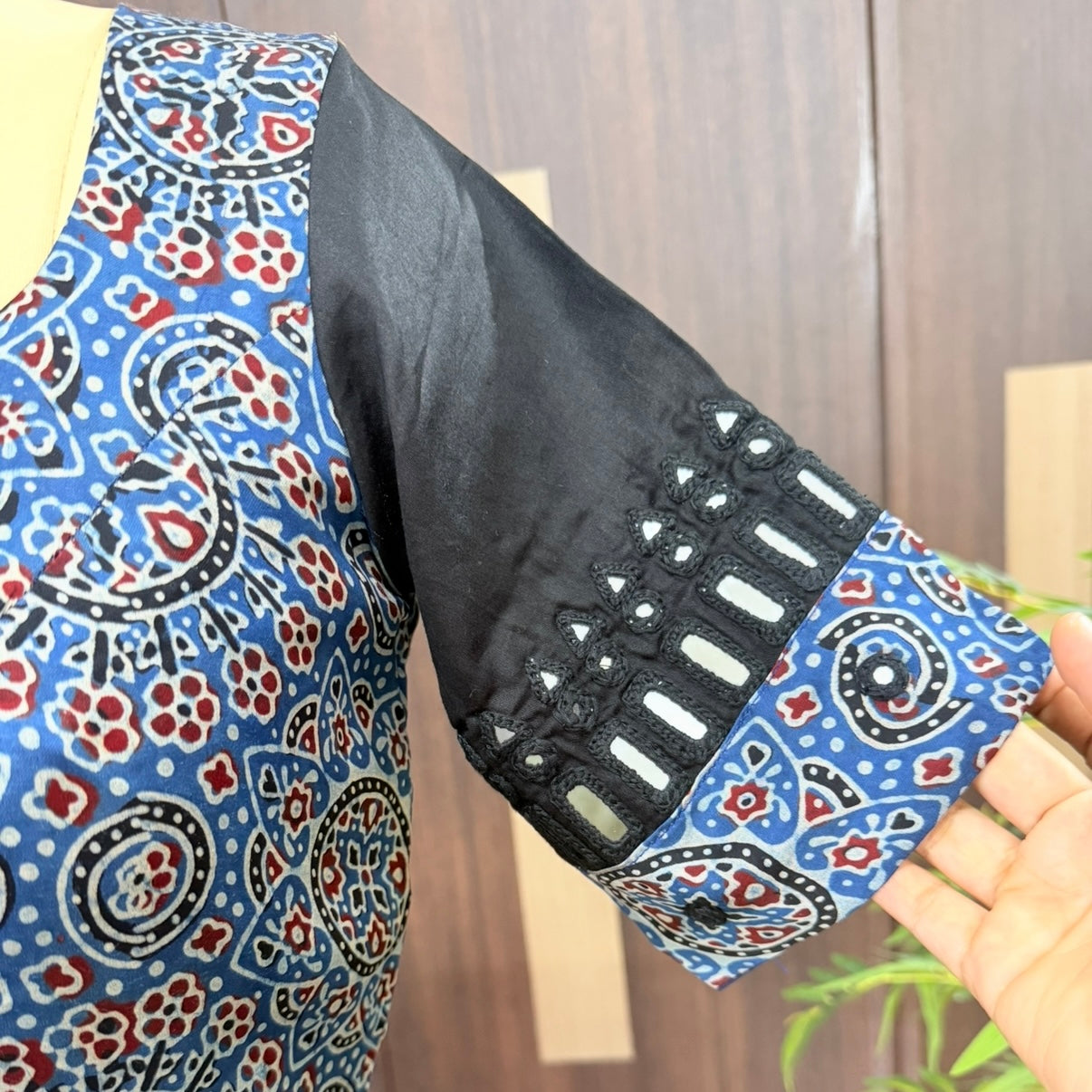 Indigo Ajrakh Floral Modal Mirror Embroidery Blous