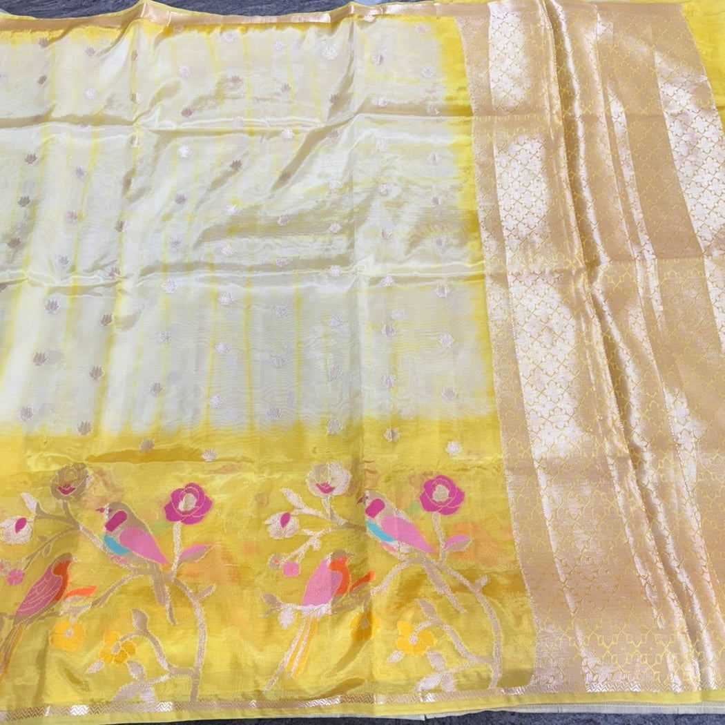 Yellow Off White Floral Paper Silk Saree