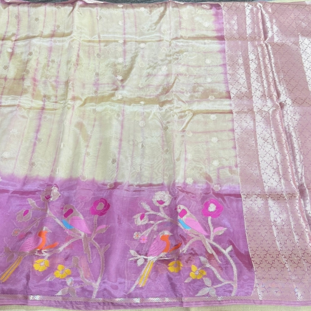 Onion Pink Off White Floral Paper Silk Saree