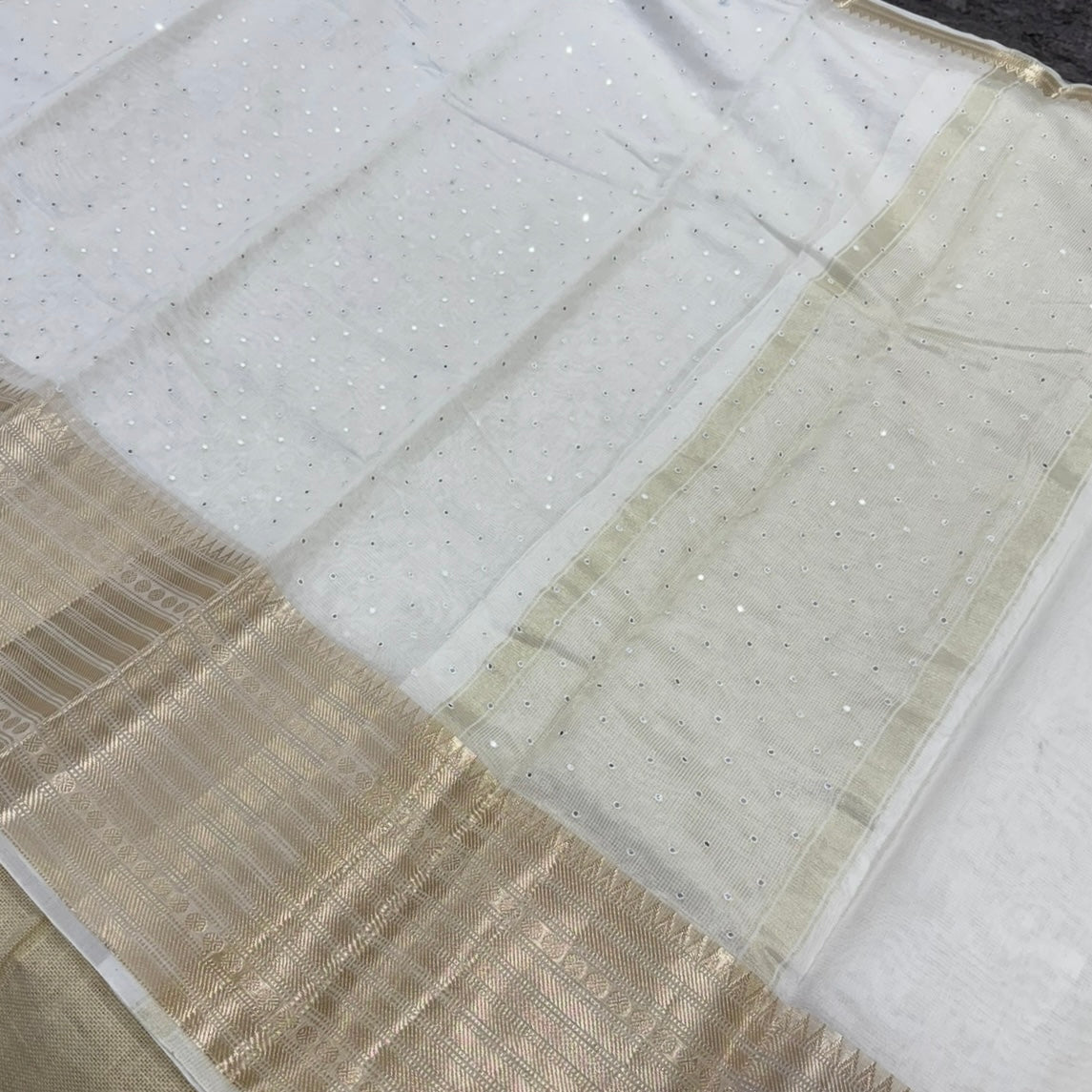 Off White Gold Silver Zari Border Mirror work Linen Silk Saree