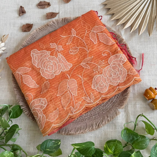 Orange Kota Tissue Embroidery Saree