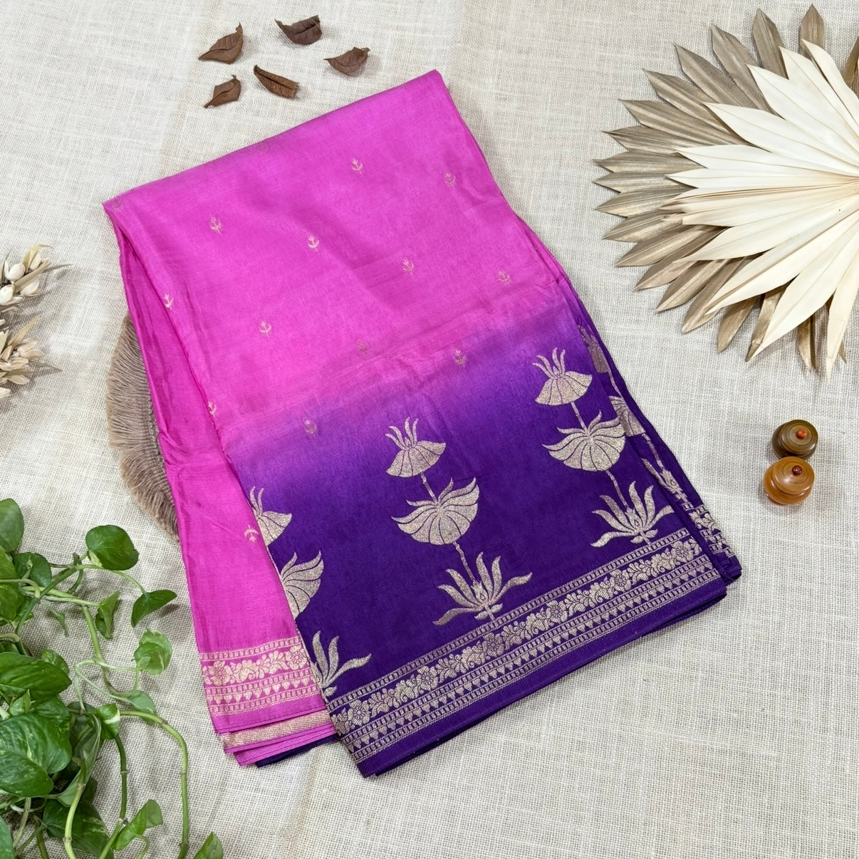 Pink with Purple Pure Crepe Silk Saree
