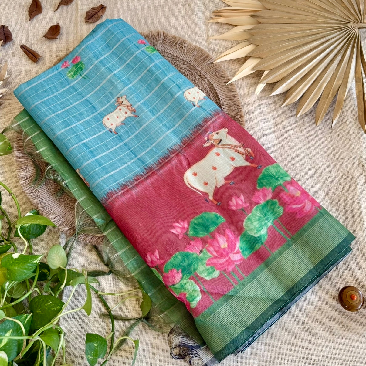 Sky Blue n Brown Pichwai cow lotus Semi Tussar Saree