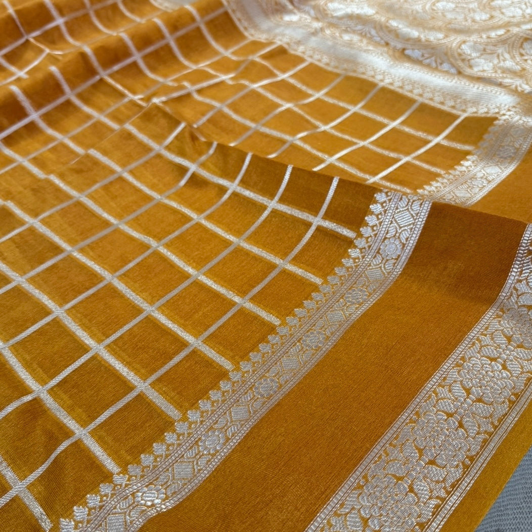 Mustard Checked Raw Silk Saree
