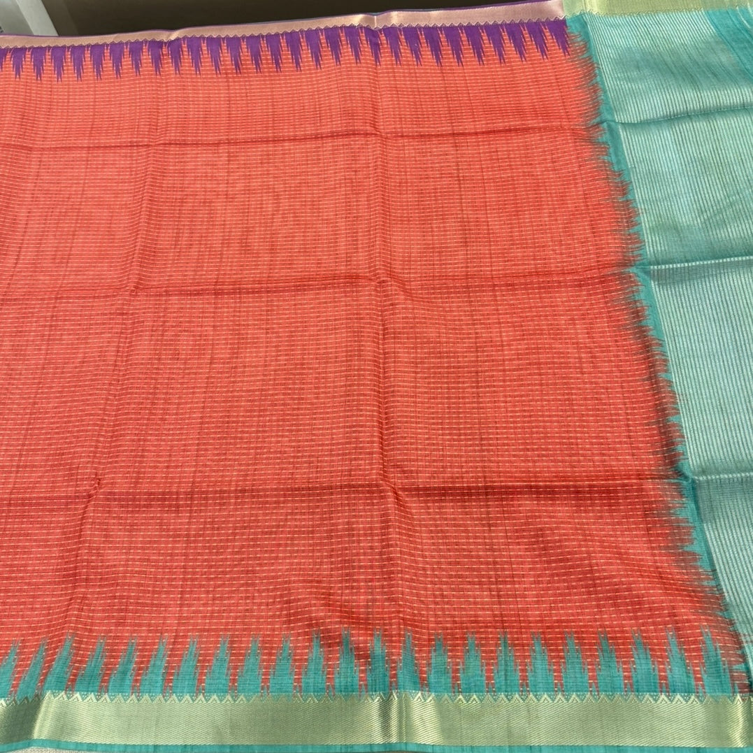 Coral Red with Aqua Blue Semi Tussar Saree