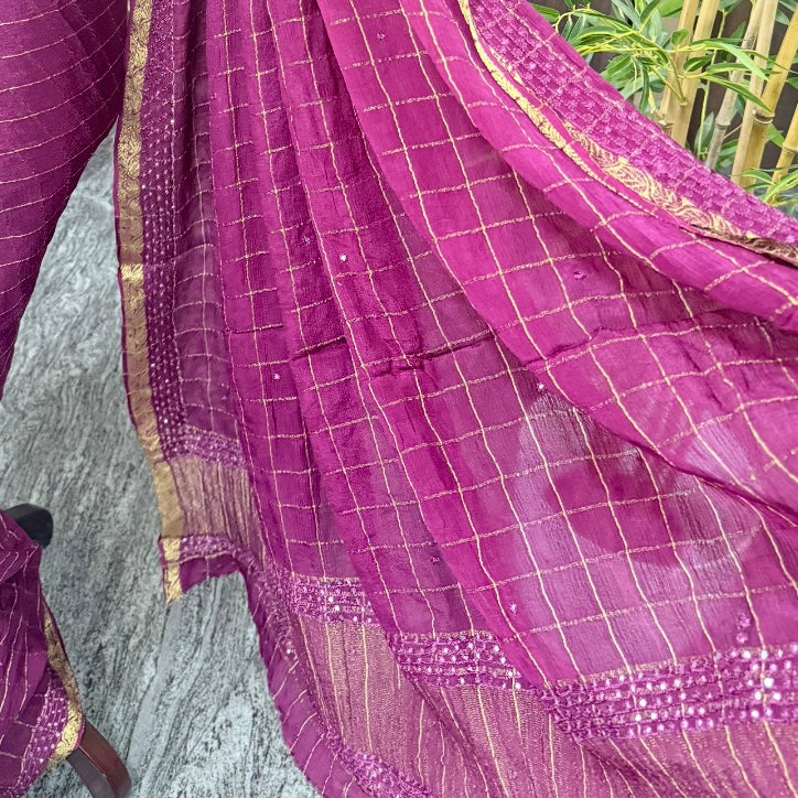 Wine Zari Checks Mirror Chinnon Silk Saree