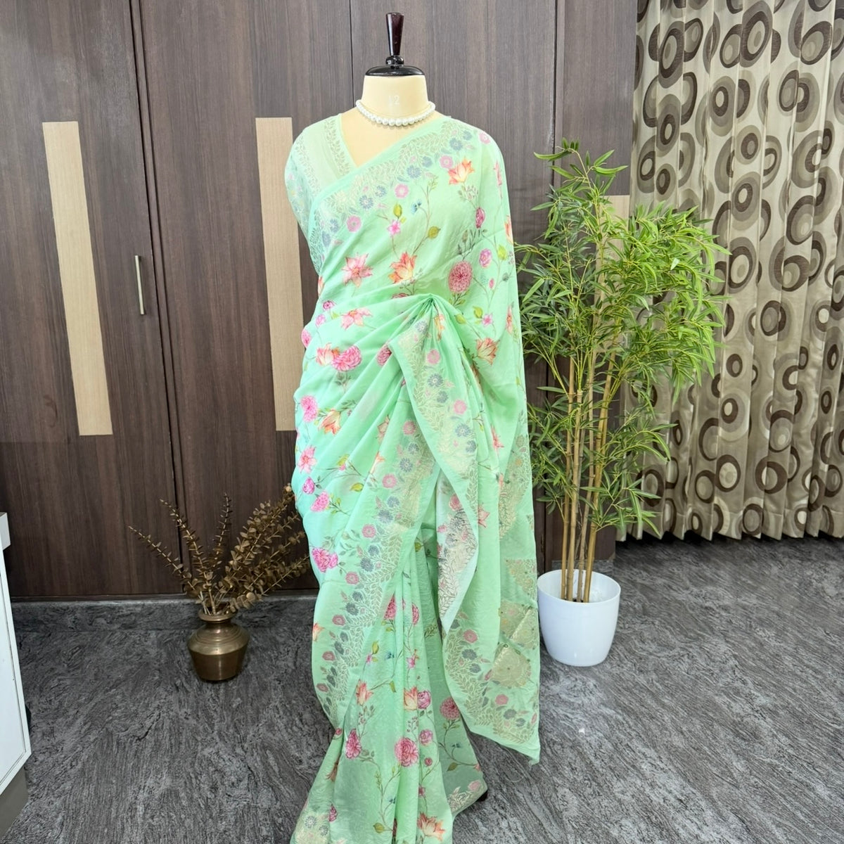 Aqua Mint Multicolour Floral Crepe Silk Saree