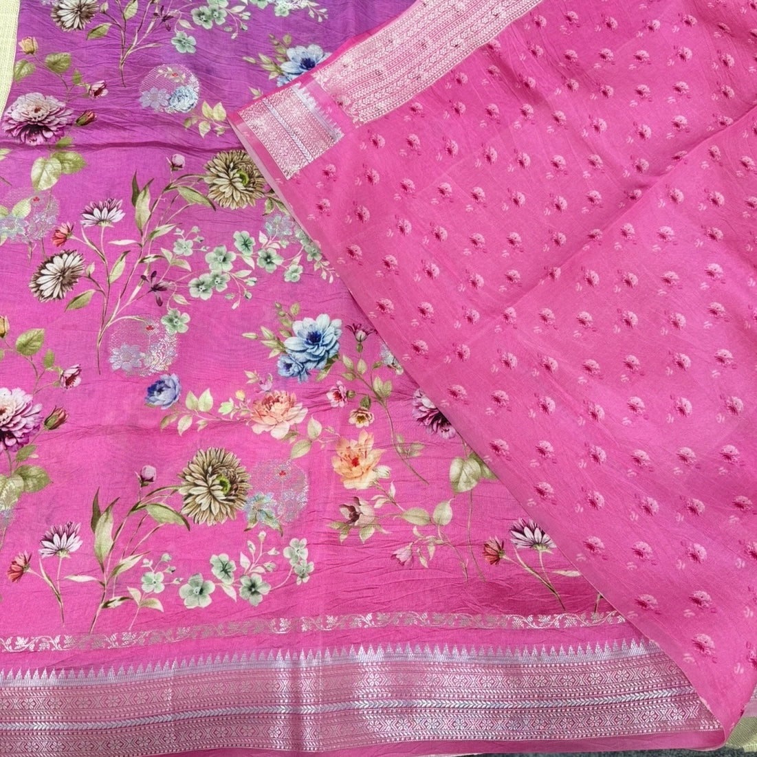 Pink with Purple Floral Digital Raw Mango Silk Saree