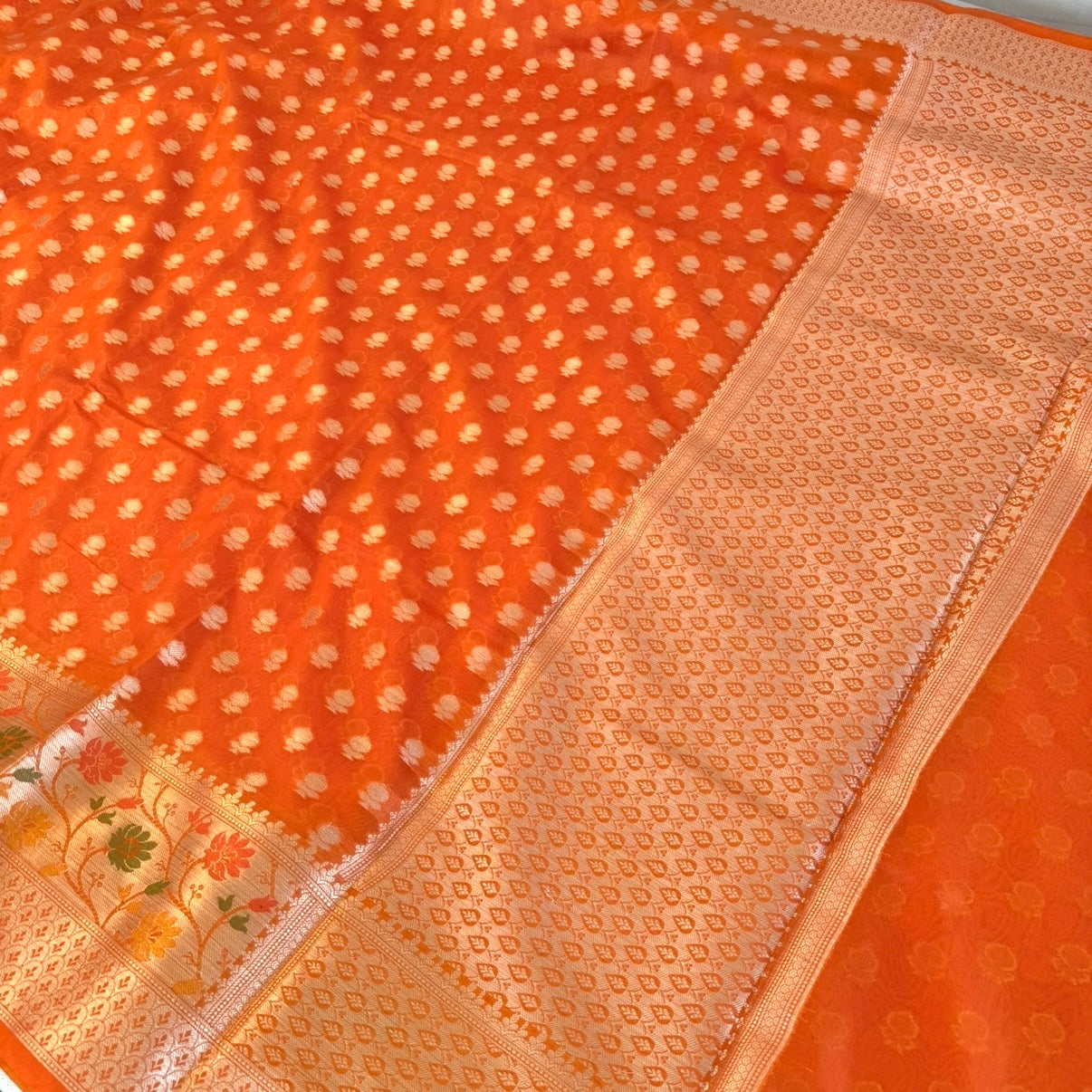 Vibrant Orange Khadi Georgette Siik Saree
