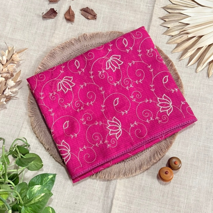 Pink Kota cotton saree with crochet embroidery, full drape