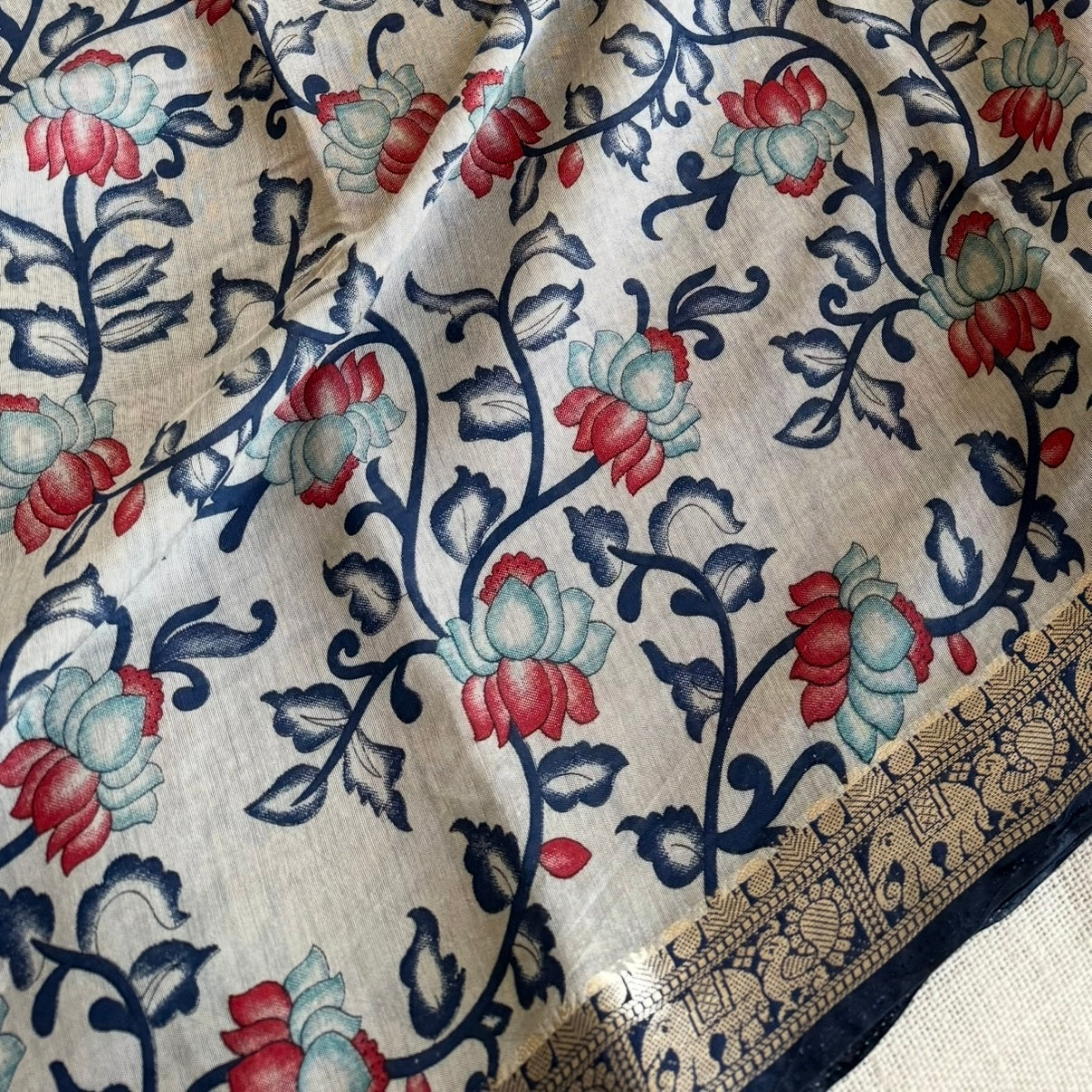 Blue Kalamkari Fancy Cotton Saree