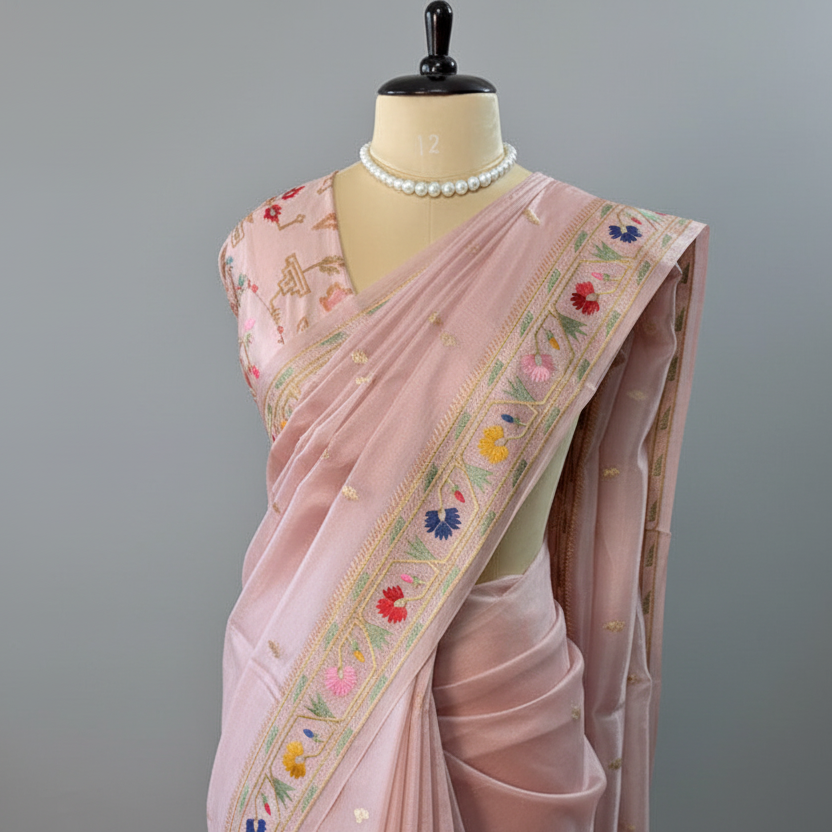 Pastel Pink Paithani Border Pure Tissue Saree