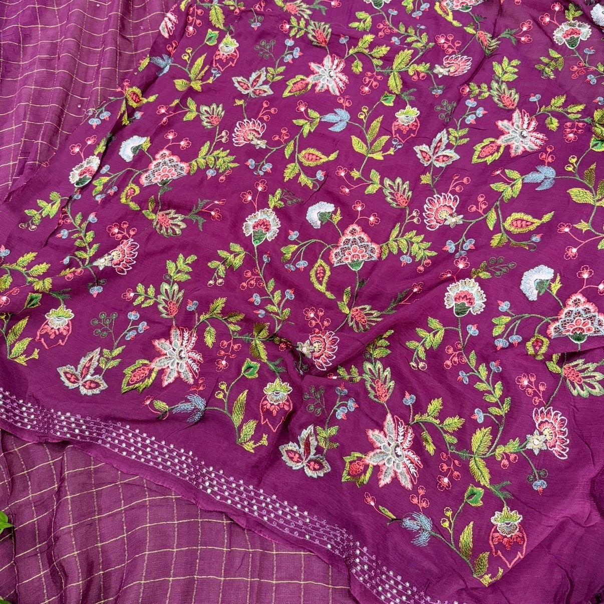 Wine Zari Checks Mirror Chinnon Silk Saree