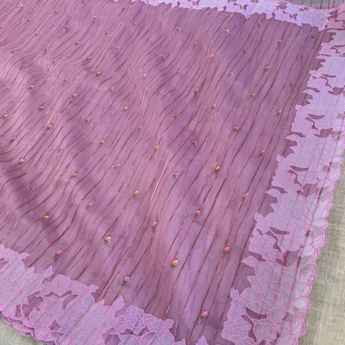 Lilac lavender organza floral appliqué embroidery saree