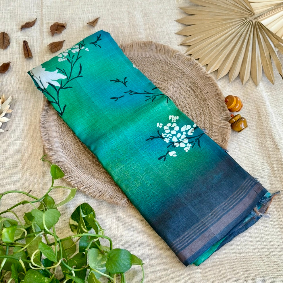 Teal Green Pure Tussar Silk Kanchi Border Saree