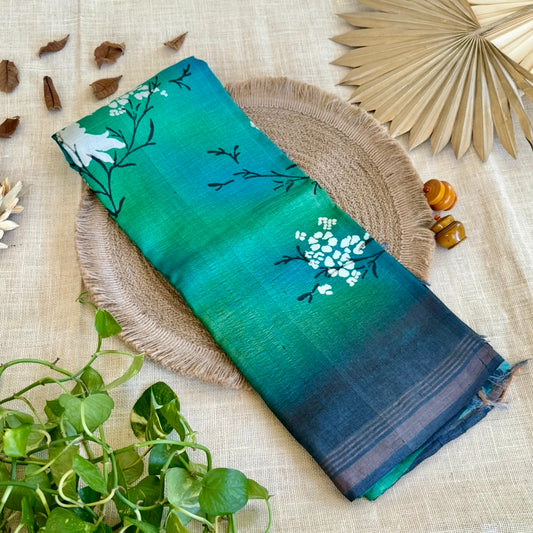 Teal Green Pure Tussar Silk Kanchi Border Saree