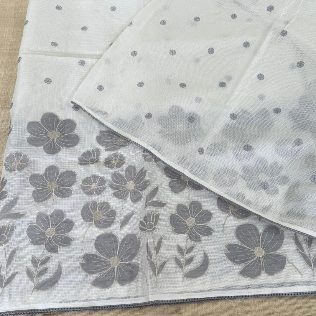 Off White Grey Kota Applique Saree