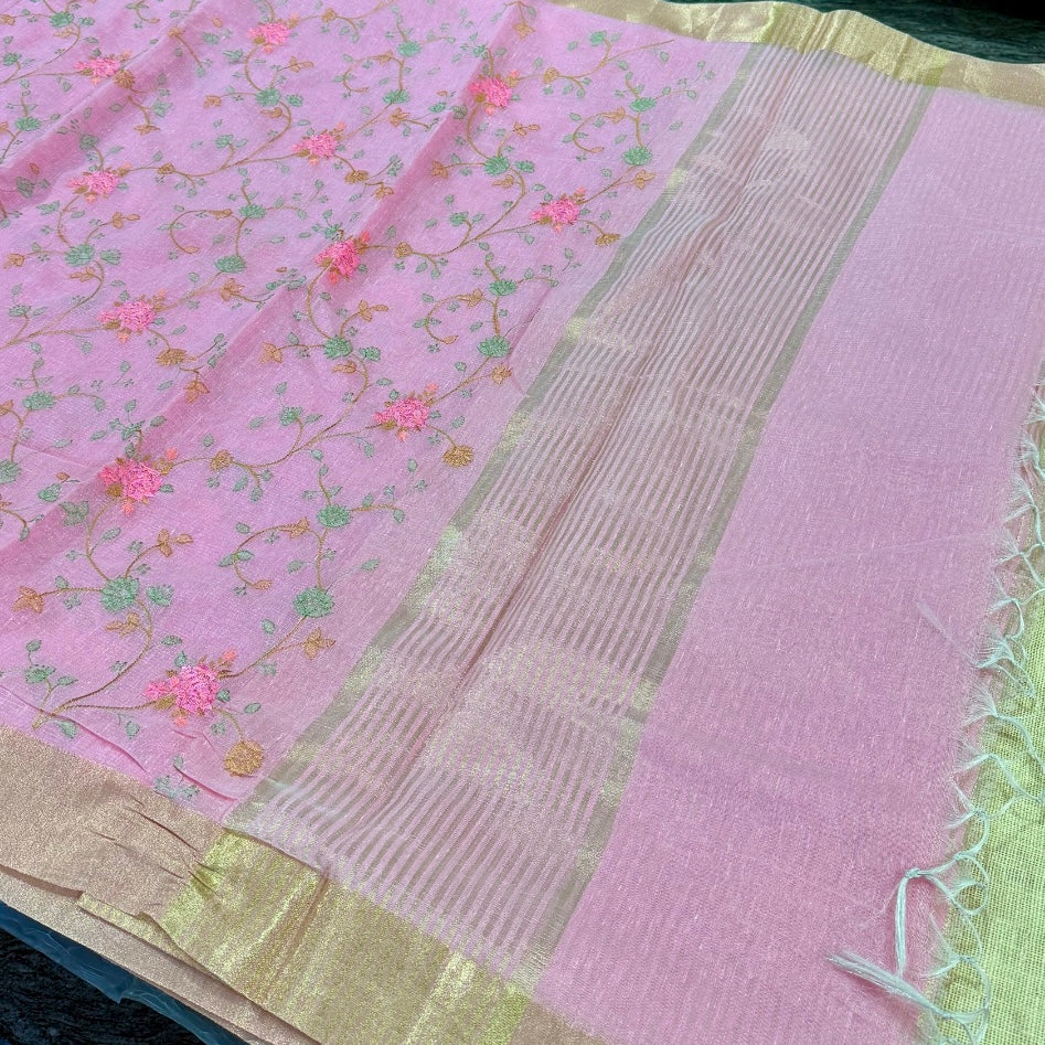 Blush Pink Floral Embroidery Tissue Saree