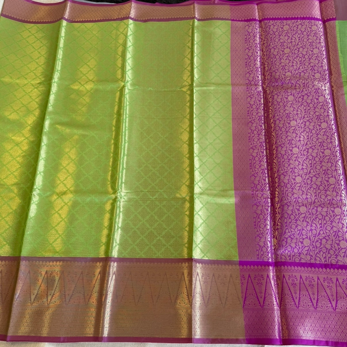 Parrot Green with Pink Katan Semi Silk Saree