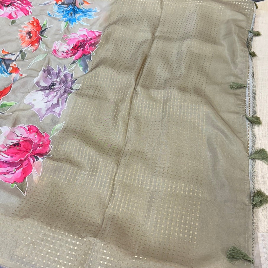 Olive Floral Fancy Embroidery Saree