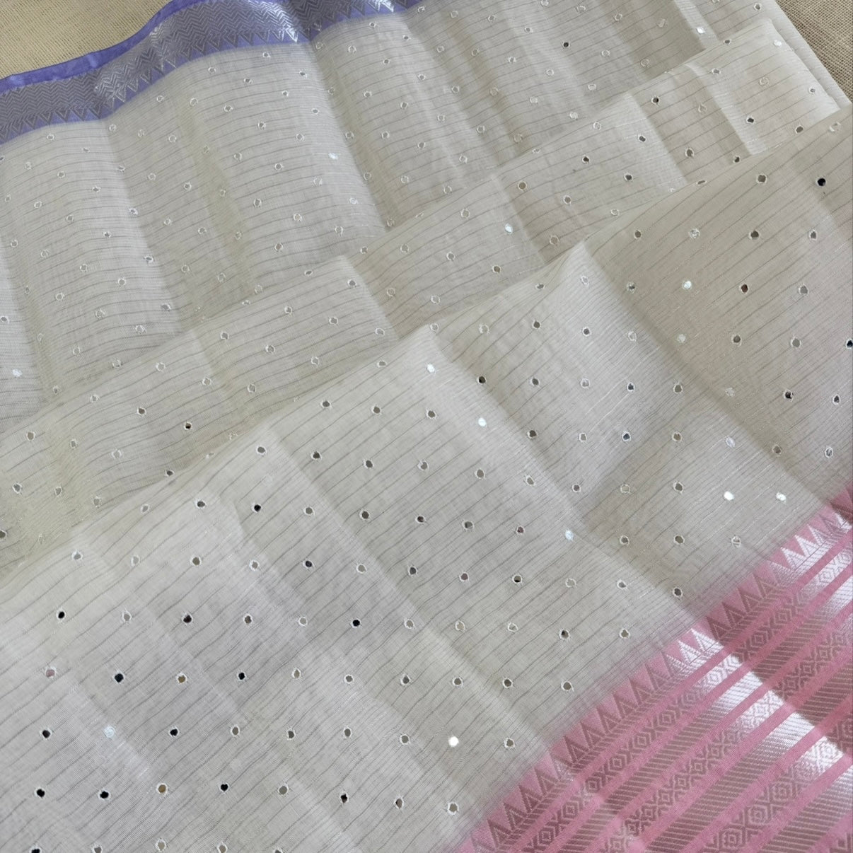 White with Pink Silver Zari Mirror work Linen Silk Saree