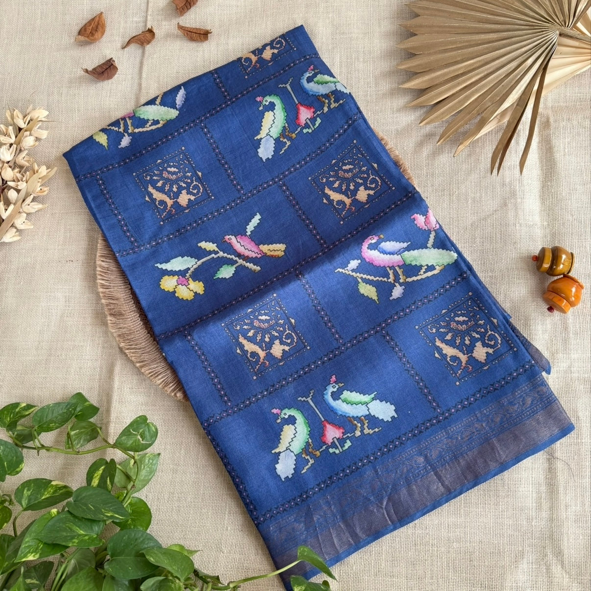 Dark Blue Digital Printed Pure Tussar Silk