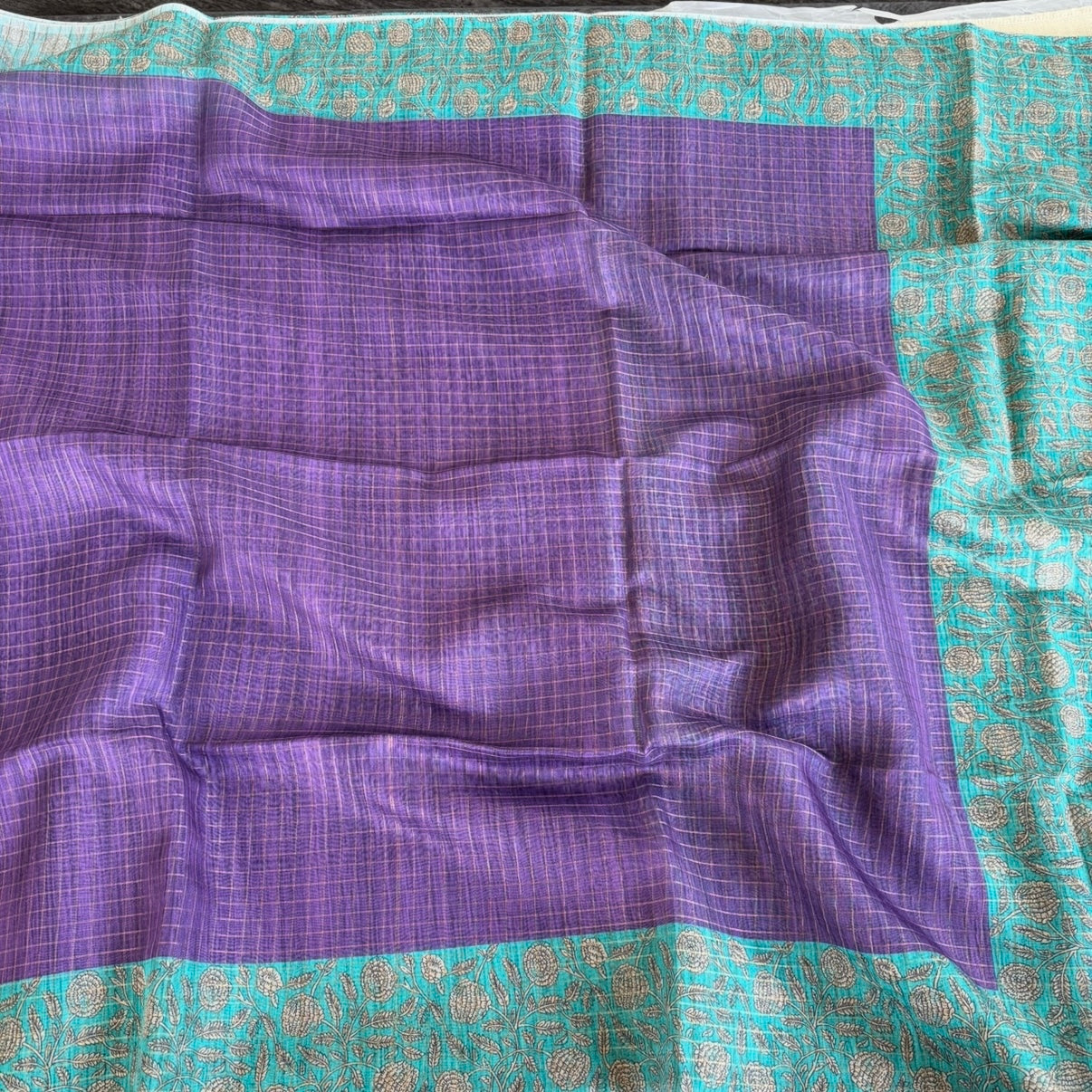 Purple n Blue Checked Semi Tussar Saree