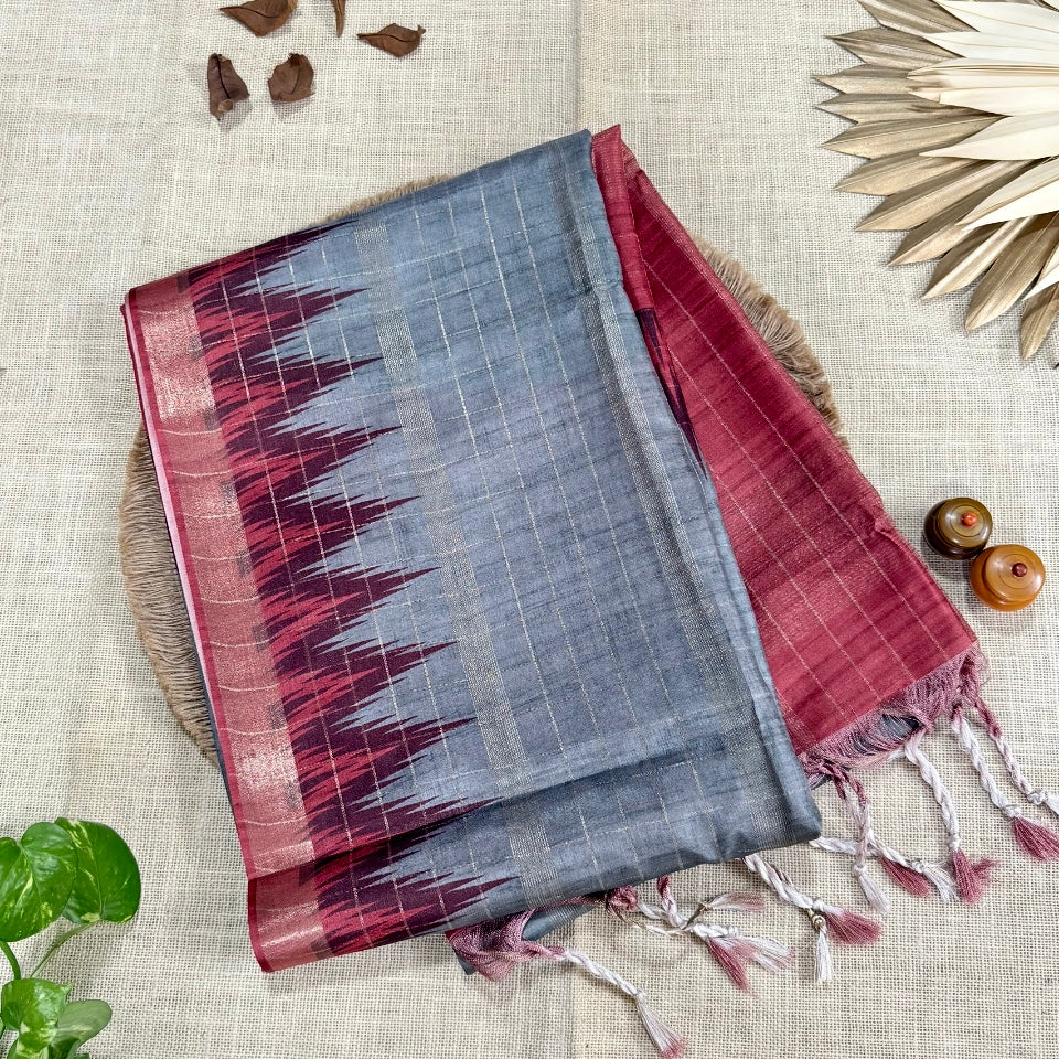 Silver Grey with Deep Maroon Semi Tussar Saree