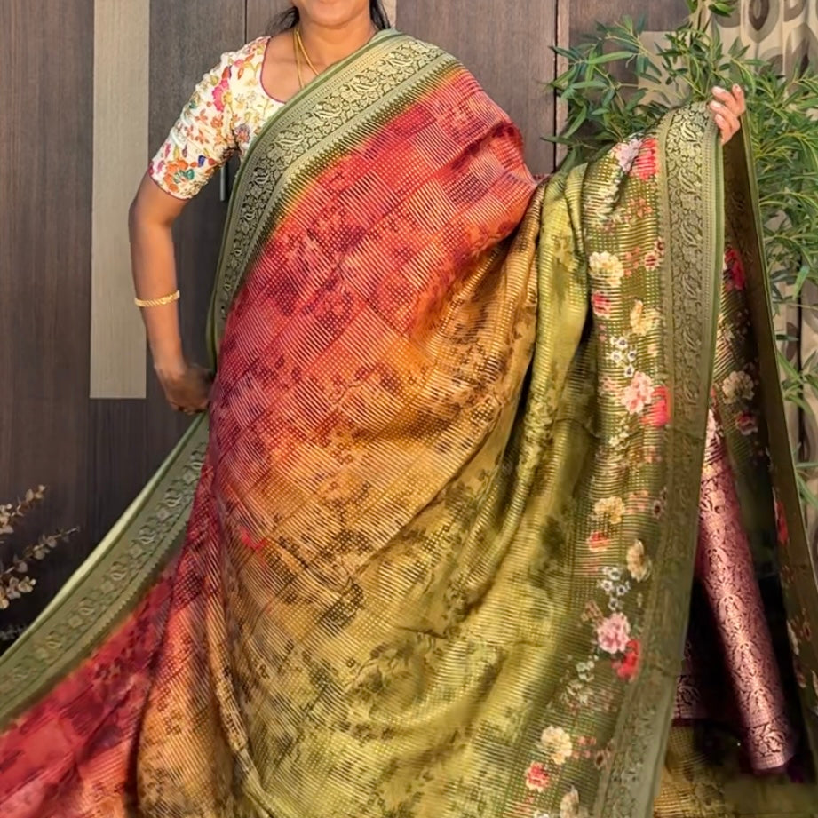 Green with Red Pure Dola Crepe Silk Saree
