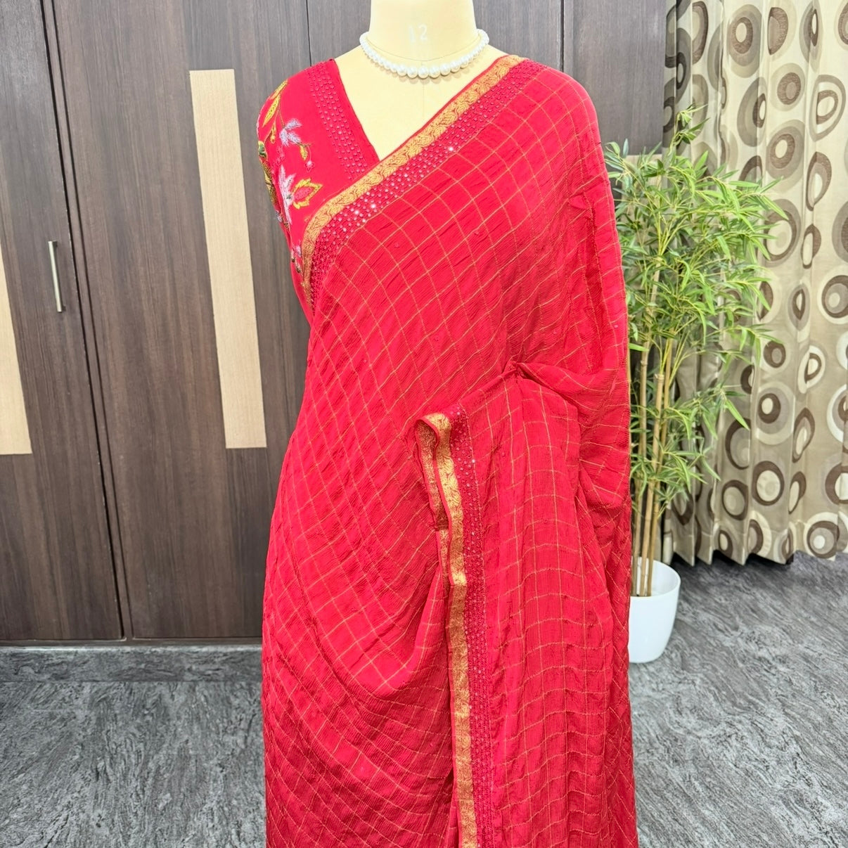 Red Zari Checks Mirror Chinnon Silk Saree 