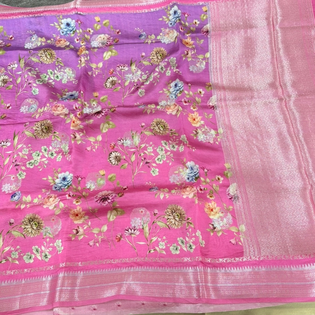 Pink with Purple Floral Digital Raw Mango Silk Saree