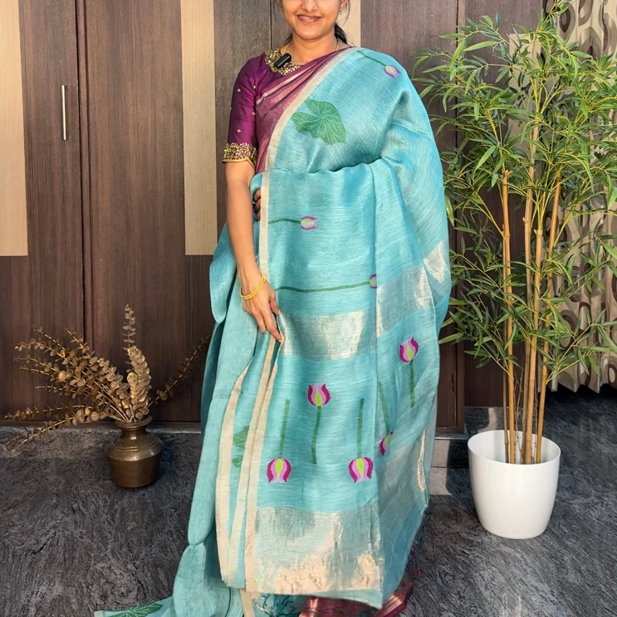 Sea Green Tussar Linen Lotus Jamdhani Silk Saree