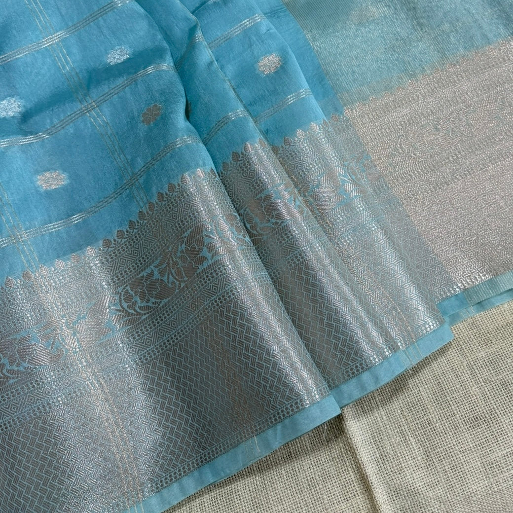 Pastel Blue Checked Kora Silk Saree