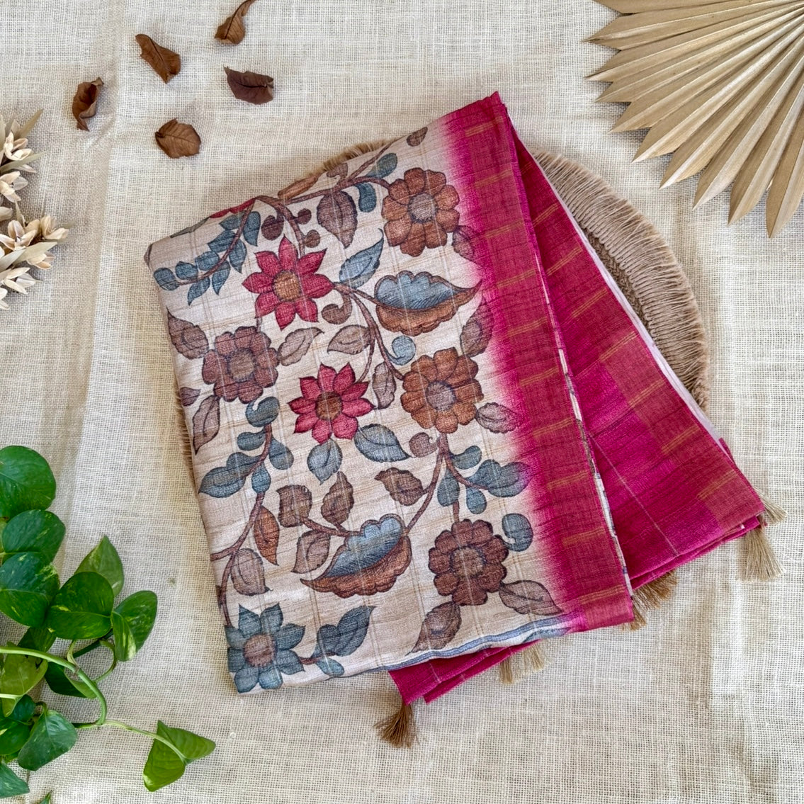 Pink Checks Kalamkari Semi Tussar Saree