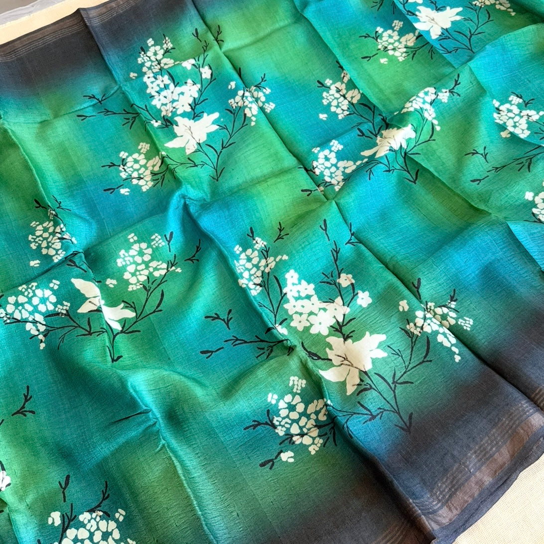 Teal Green Pure Tussar Silk Kanchi Border Saree